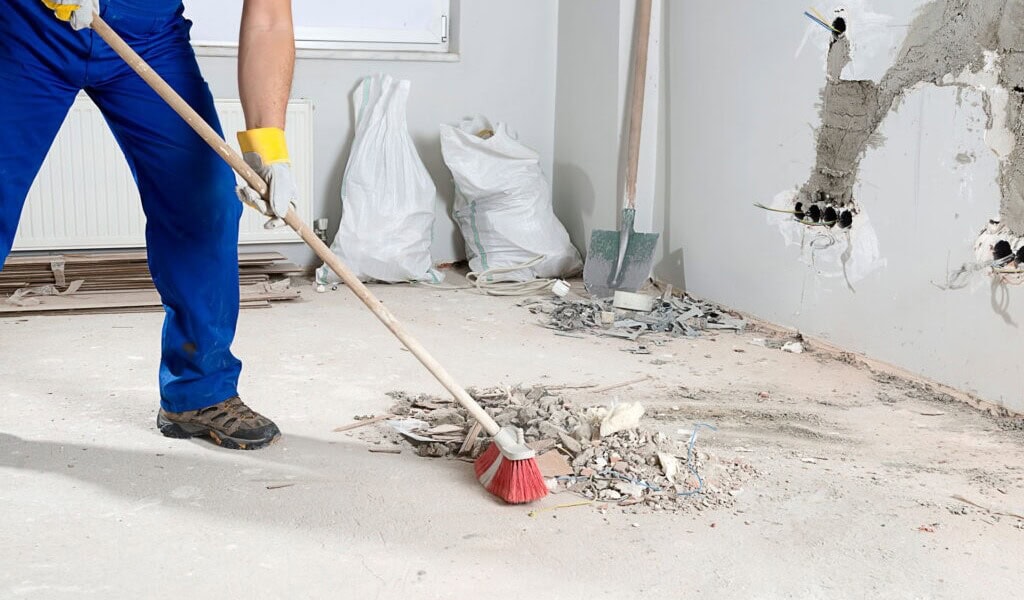 A person wearing blue work pants and gloves sweeps construction debris with a broom in a partially renovated room. Bags of debris and exposed wall wiring are visible, highlighting the need for professional Cleaning Services Long Island, NY.