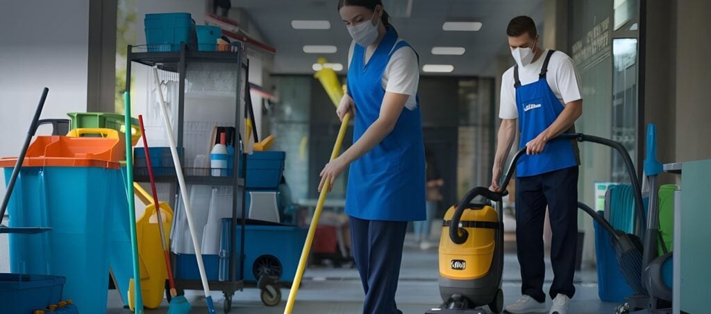 Two janitors in blue uniforms and face masks are cleaning a hallway for Cleaning Services Long Island, NY. One is mopping the floor while the other uses a vacuum, with cleaning supplies and carts visible around them.
