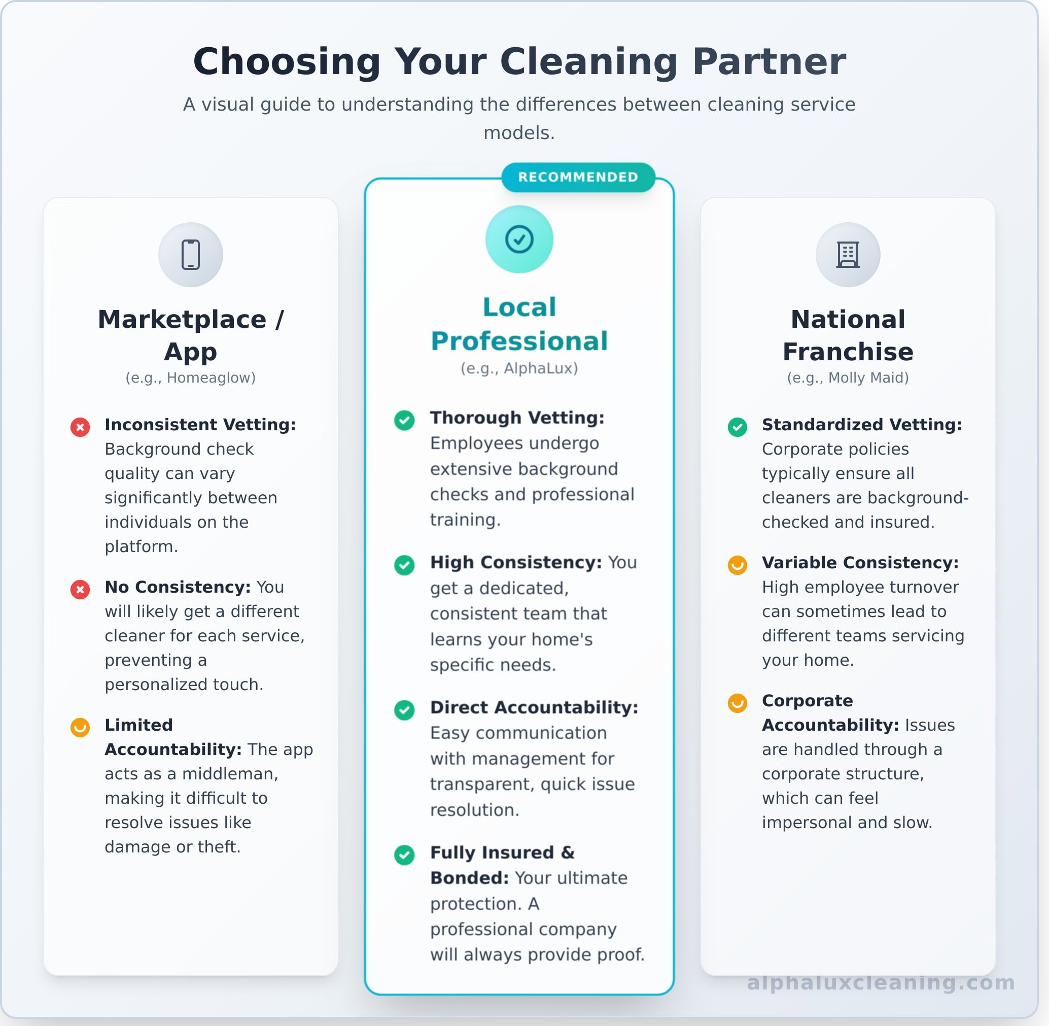 A comparison chart explains the differences between Cleaning Services Long Island, NY Marketplace/App, Local Professional, and National Franchise options, highlighting vetting, consistency, accountability, and other key features for each model.