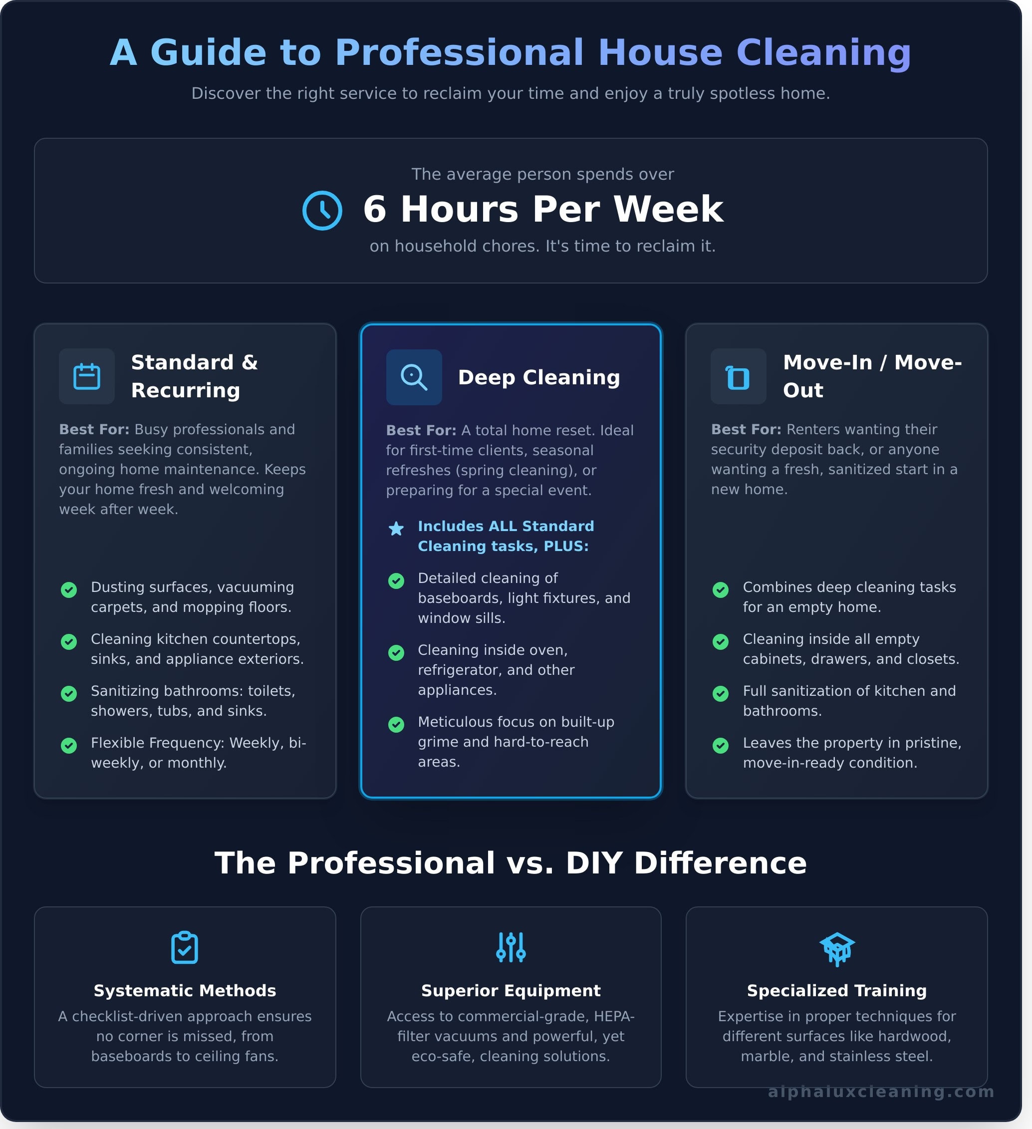 Infographic titled "A Guide to Professional House Cleaning" details NY service options: Standard & Recurring, Deep Cleaning, Move-In/Out, and compares professional vs. DIY methods, highlighting benefits and time savings from Cleaning Services Long Island.