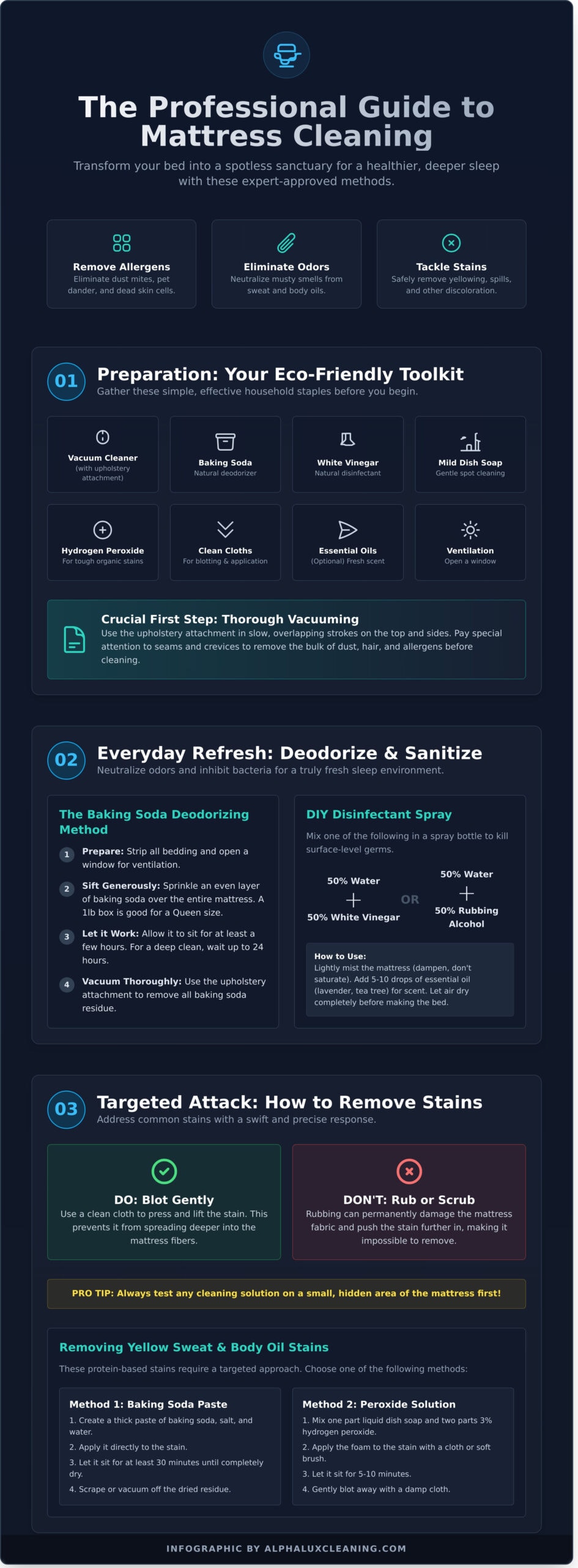 Infographic titled "The Professional Guide to Mattress Cleaning," detailing steps and eco-friendly solutions for mattress preparation, deodorizing, sanitizing, and stain removal—perfect for those seeking expert tips or Cleaning Services in Long Island, NY.