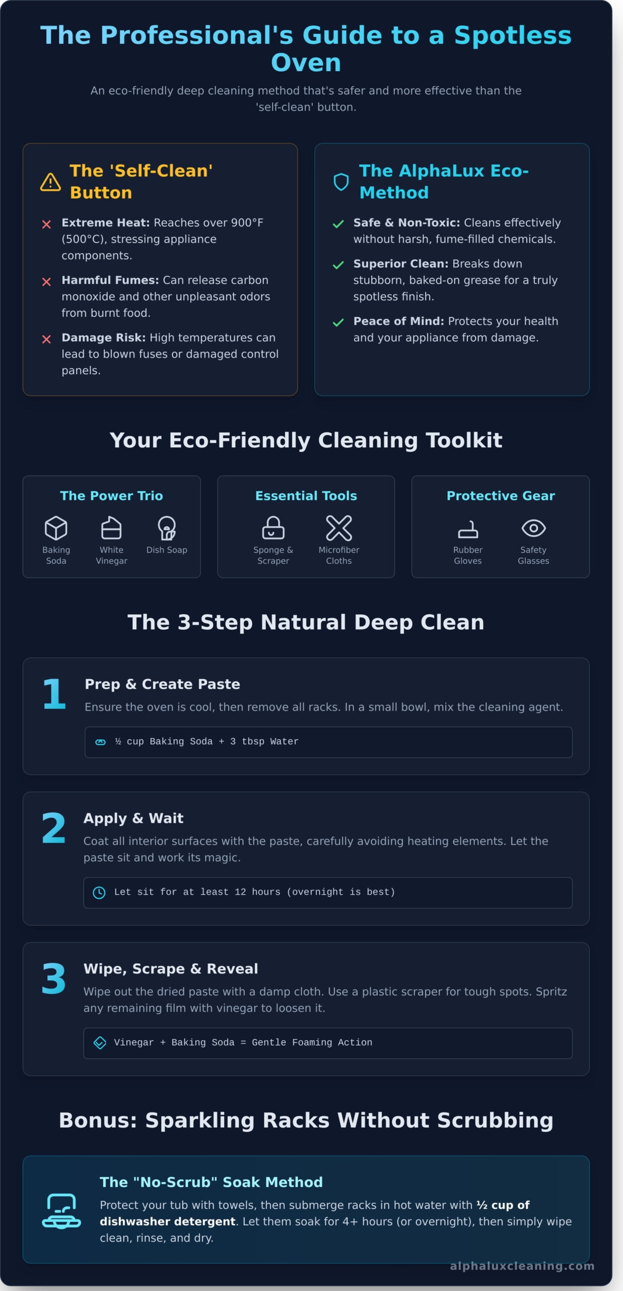 Infographic showing two oven cleaning methods, eco-friendly tools, and a 3-step deep clean guide. Includes a bonus tip for cleaning racks and icons for tools like power trio. Ideal for NY homeowners seeking Cleaning Services Long Island.