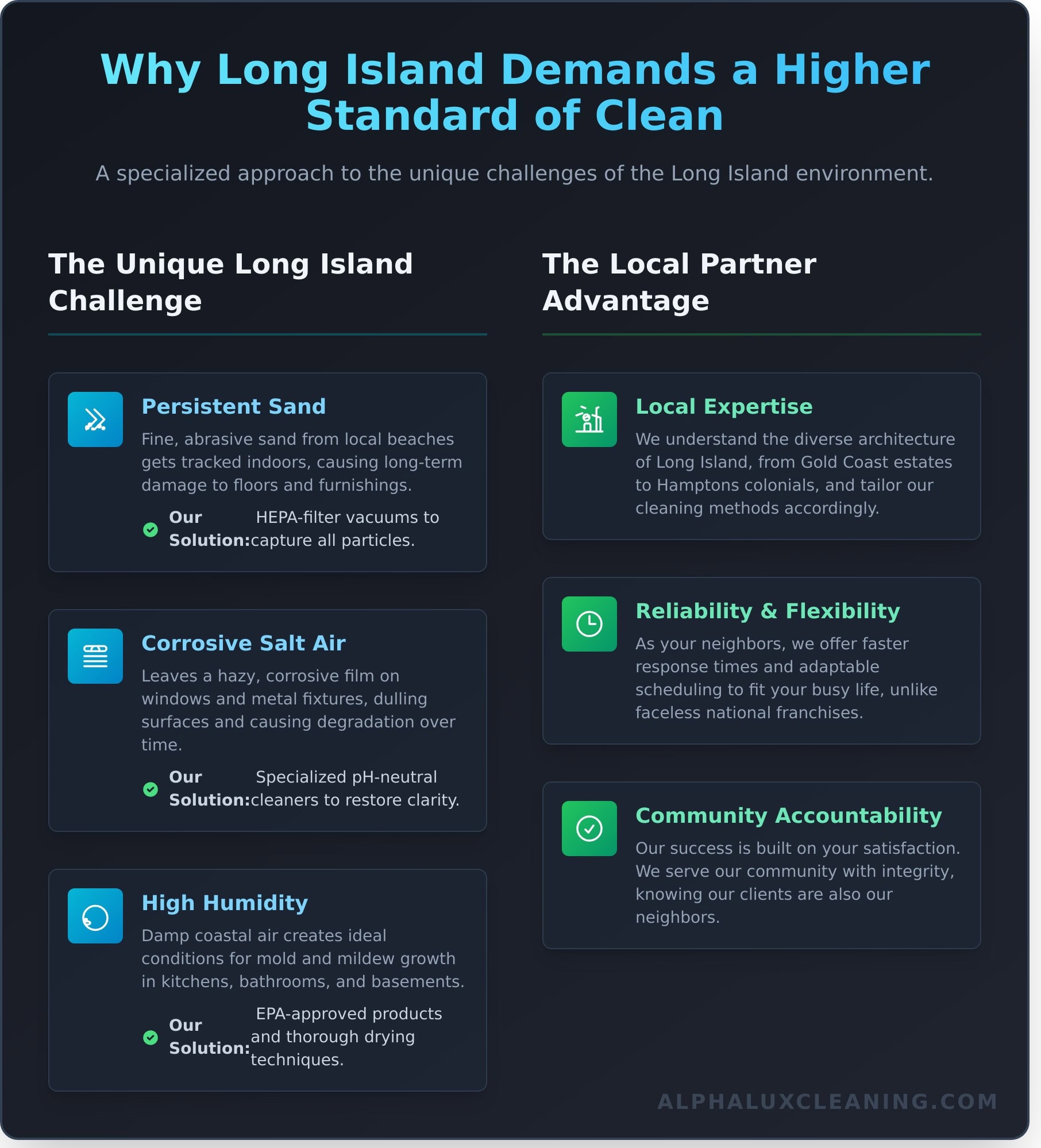 An infographic titled "Why Long Island Demands a Higher Standard of Clean" compares local cleaning challenges like sand, salt air, and humidity with solutions and advantages from NY Cleaning Services Long Island, such as expertise, flexibility, and community focus.