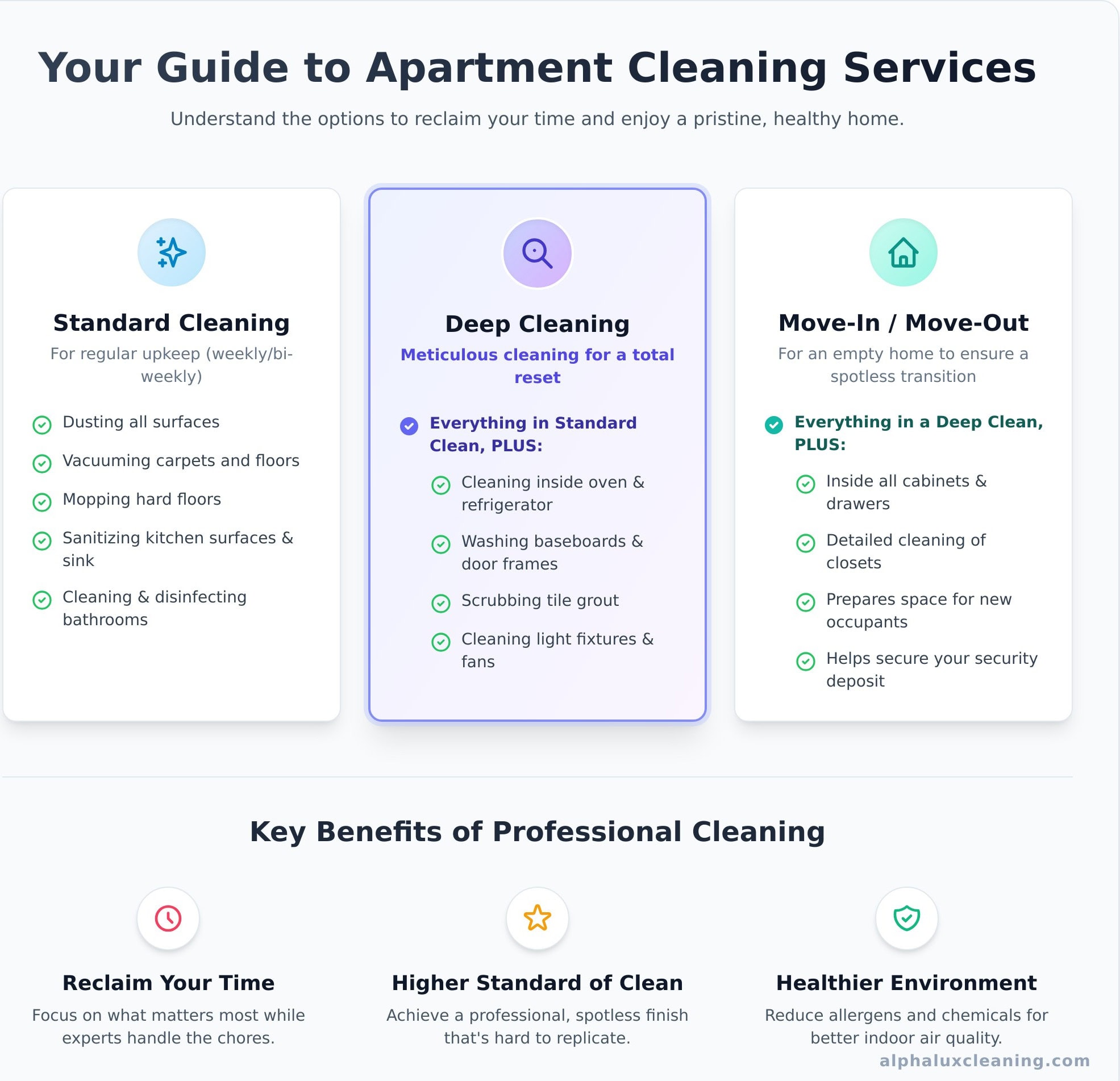 An infographic titled "Your Guide to Apartment Cleaning Services" compares Standard Cleaning, Deep Cleaning, and Move-In/Move-Out services available in NY and Long Island, listing tasks for each. Three key benefits of professional cleaning are shown at the bottom.
