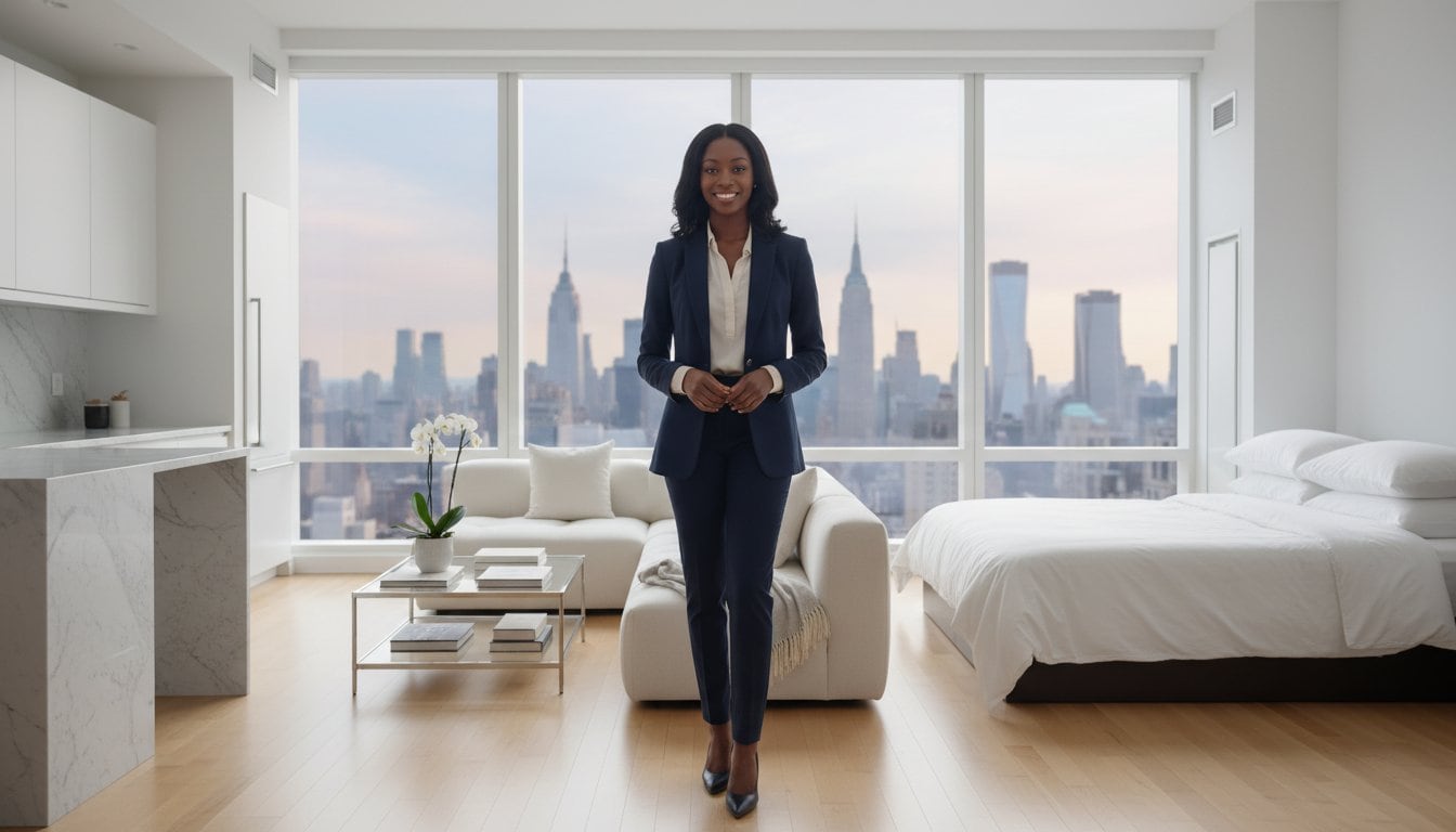 A woman in a navy suit stands smiling in a modern, bright NY apartment with large windows overlooking the city skyline. The stylish space features a bed, sofa, coffee table, and kitchen—perfect for showcasing Cleaning Services Long Island's results.