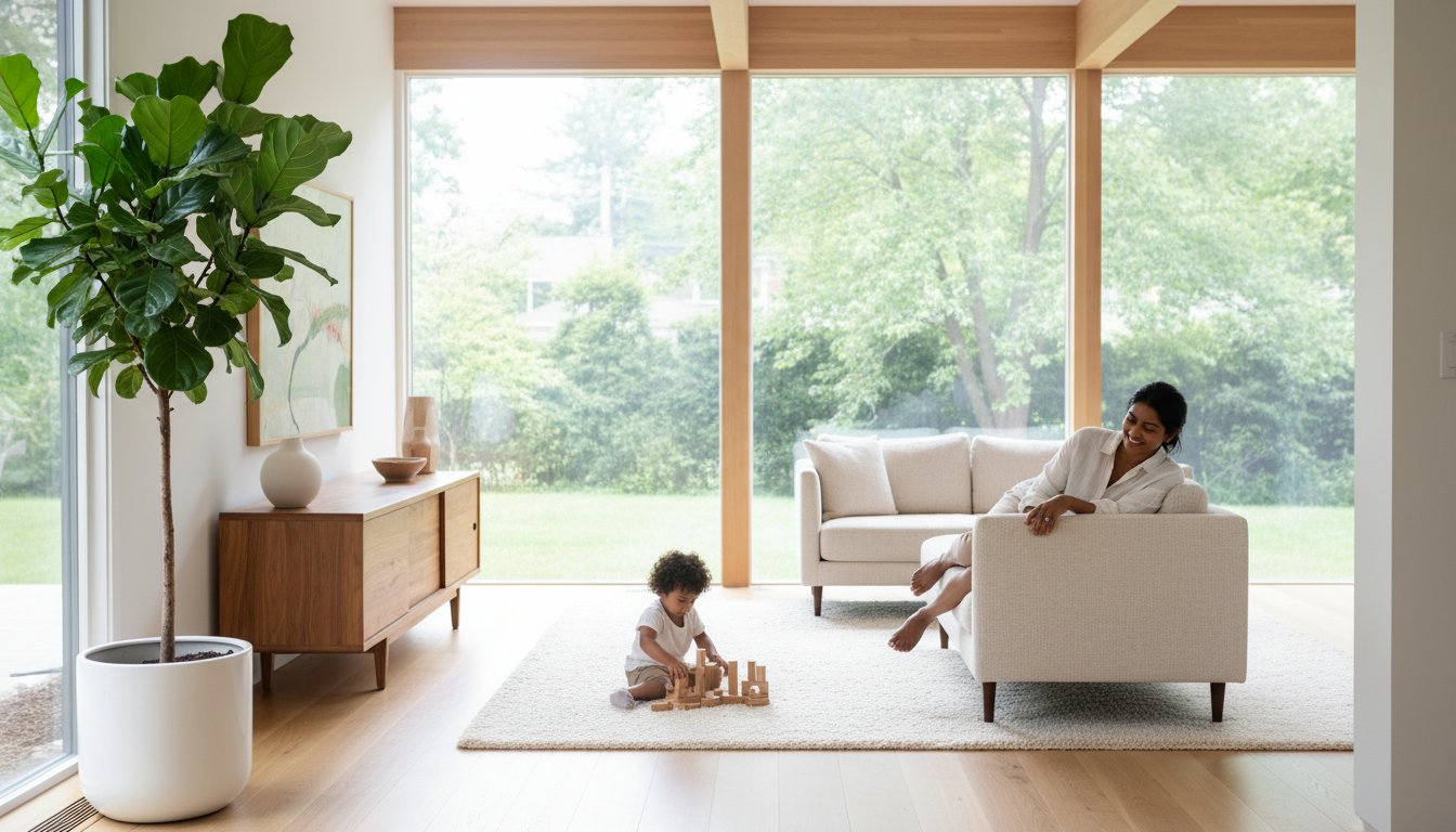A woman sits on a white sofa, smiling and watching a young child play with wooden blocks in a bright, modern living room—spotless thanks to Cleaning Services Long Island, NY—with large windows and green outdoor views.