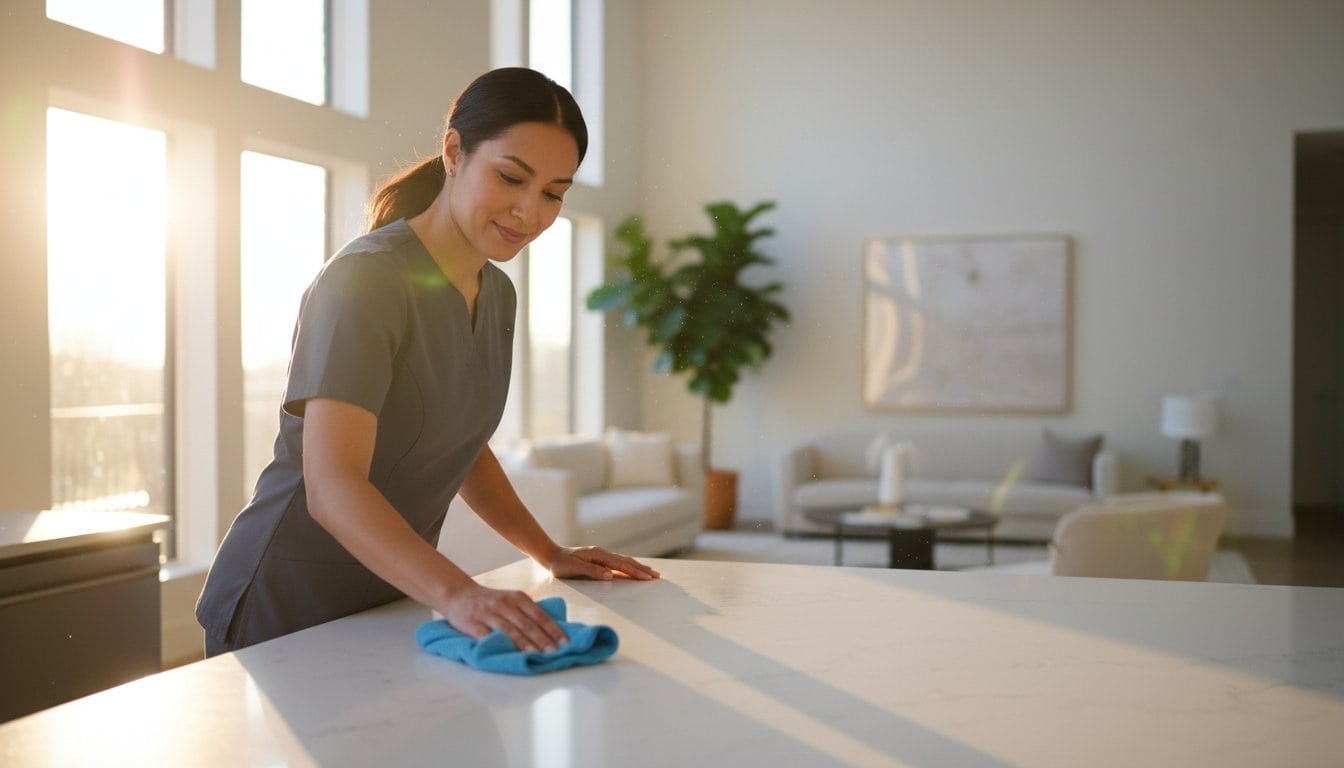 A woman in scrubs wipes a kitchen counter with a blue cloth in a bright, modern living space, sunlight streaming through large windows&mdash;a perfect example of Cleaning Services Long Island, NY at work.
