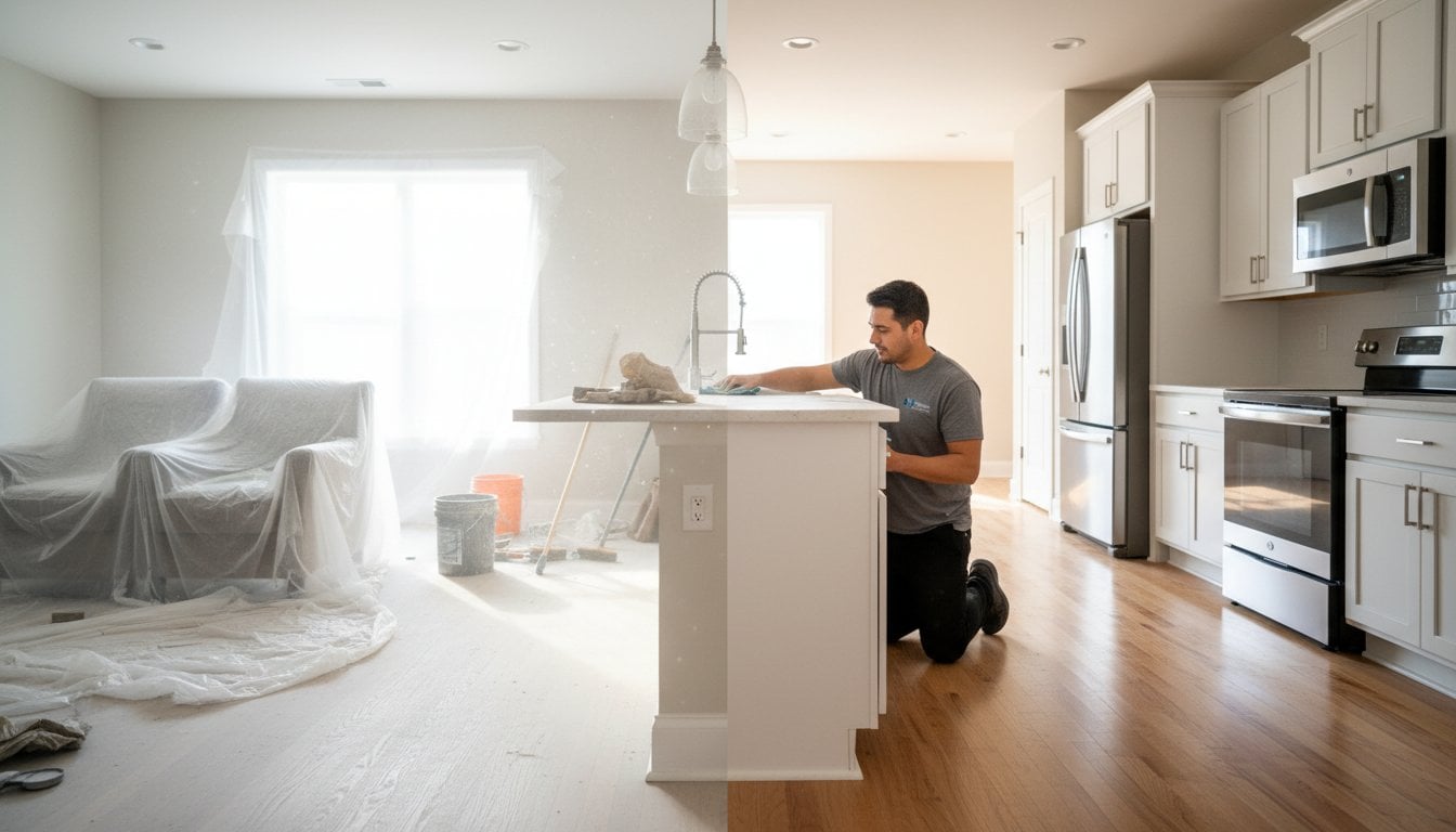 A man kneels by a kitchen island in a bright, modern NY home under renovation; furniture is covered with plastic sheets and construction materials are scattered around the space.
