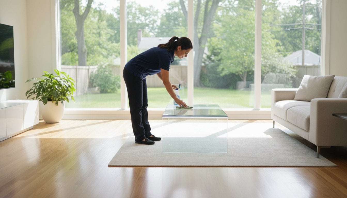 A woman from NY cleans a glass coffee table in a bright living room with large windows, a white sofa, and a potted plant on a wooden floor—just like Cleaning Services Long Island would.