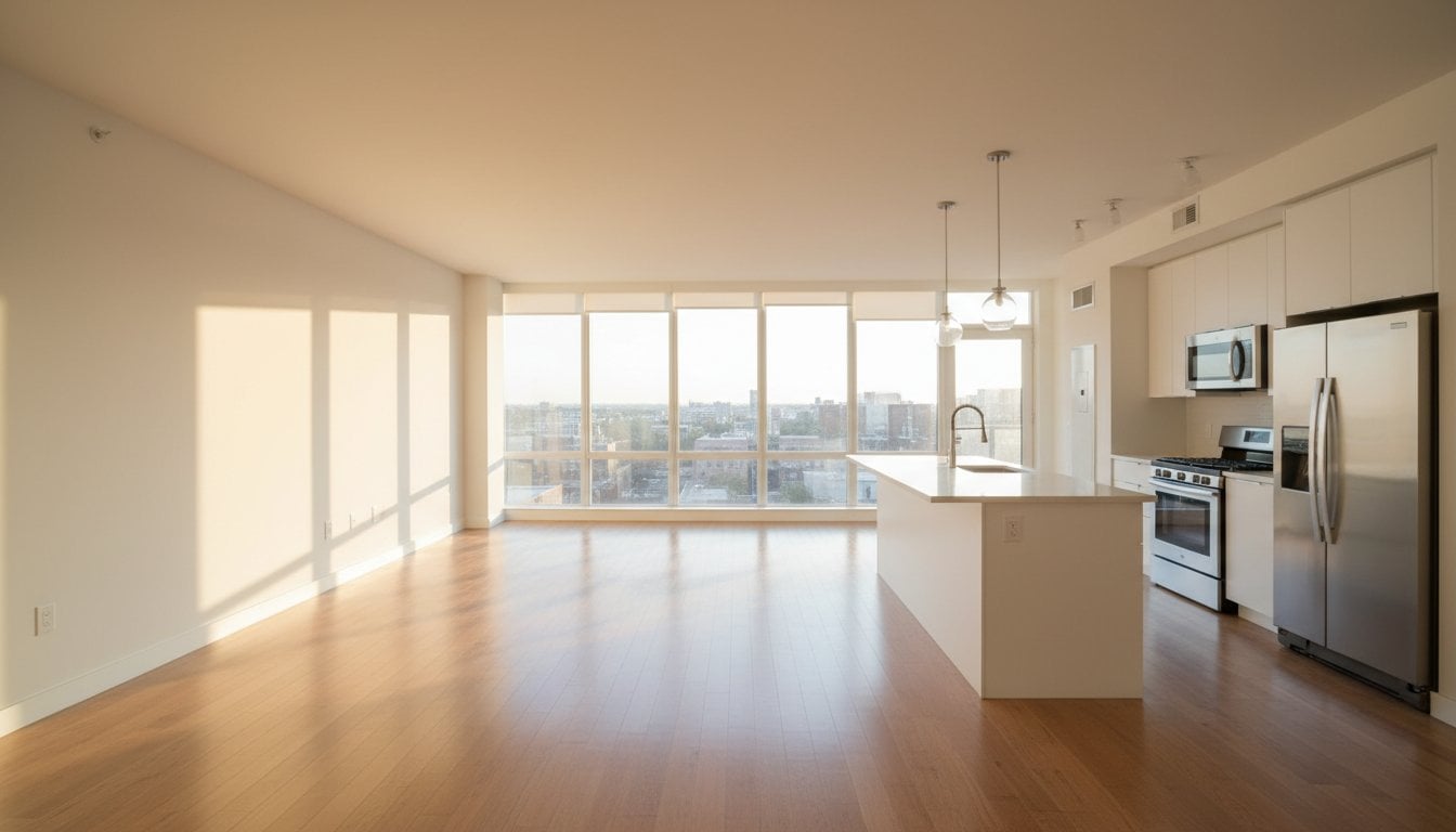 Bright, modern NY apartment with large floor-to-ceiling windows, hardwood floors, and an open kitchen featuring white cabinets, stainless steel appliances, and an island; city view visible outside. Cleaning Services Long Island available.