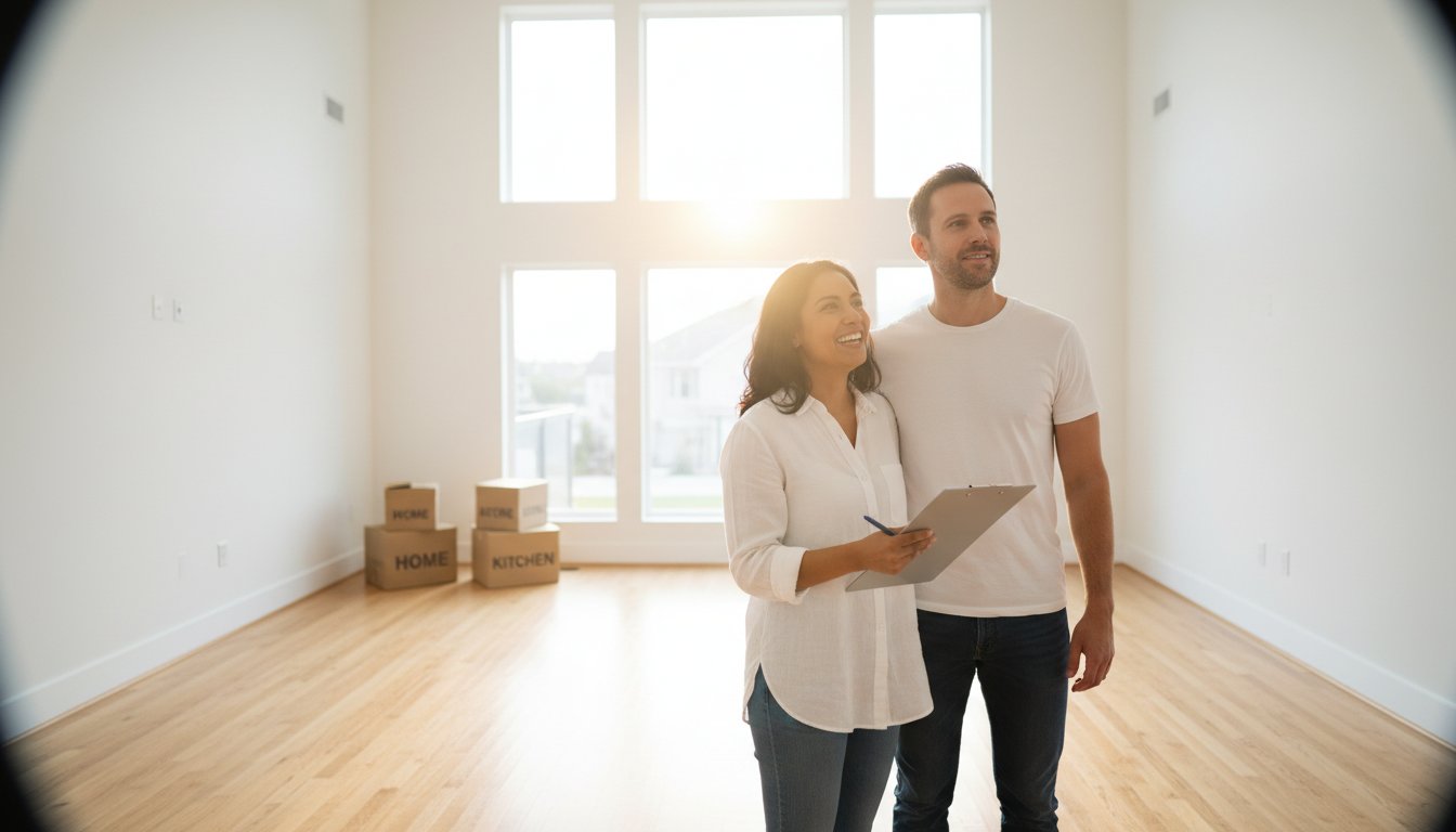 A smiling couple stands in a bright, empty room with large windows and wooden floors. The woman holds a clipboard, planning their next steps while packed moving boxes sit in the background—ready for Cleaning Services Long Island, NY.