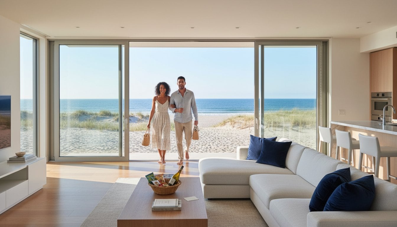 A smiling couple holding hands walks into a modern NY beach house with large glass doors, revealing a sandy beach and ocean view. The living room has a white sofa, blue pillows, and a kitchen—pristine thanks to Cleaning Services Long Island.