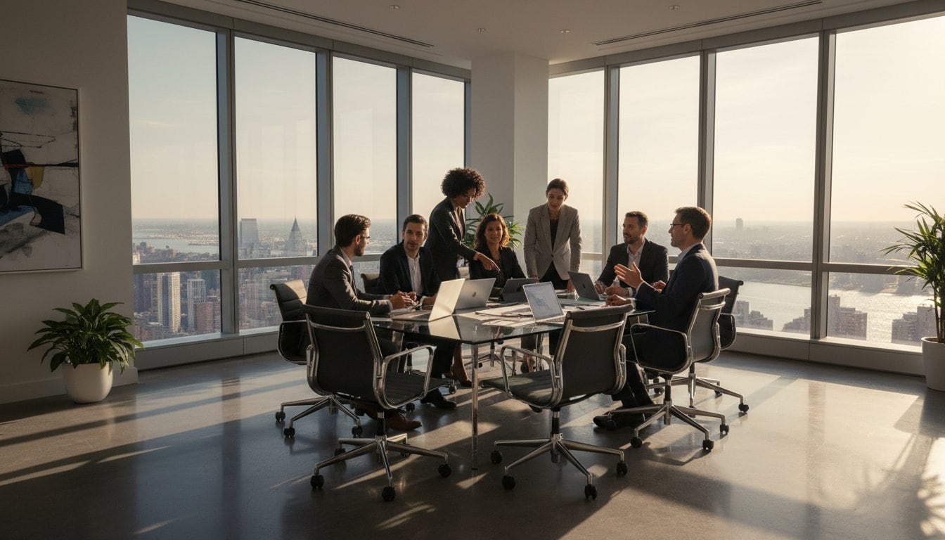 A group of business professionals is meeting around a conference table in a modern NY office with large windows overlooking the city skyline and river, laptops and documents on the table—showcasing the polished results you can expect from Cleaning Services Long Island.