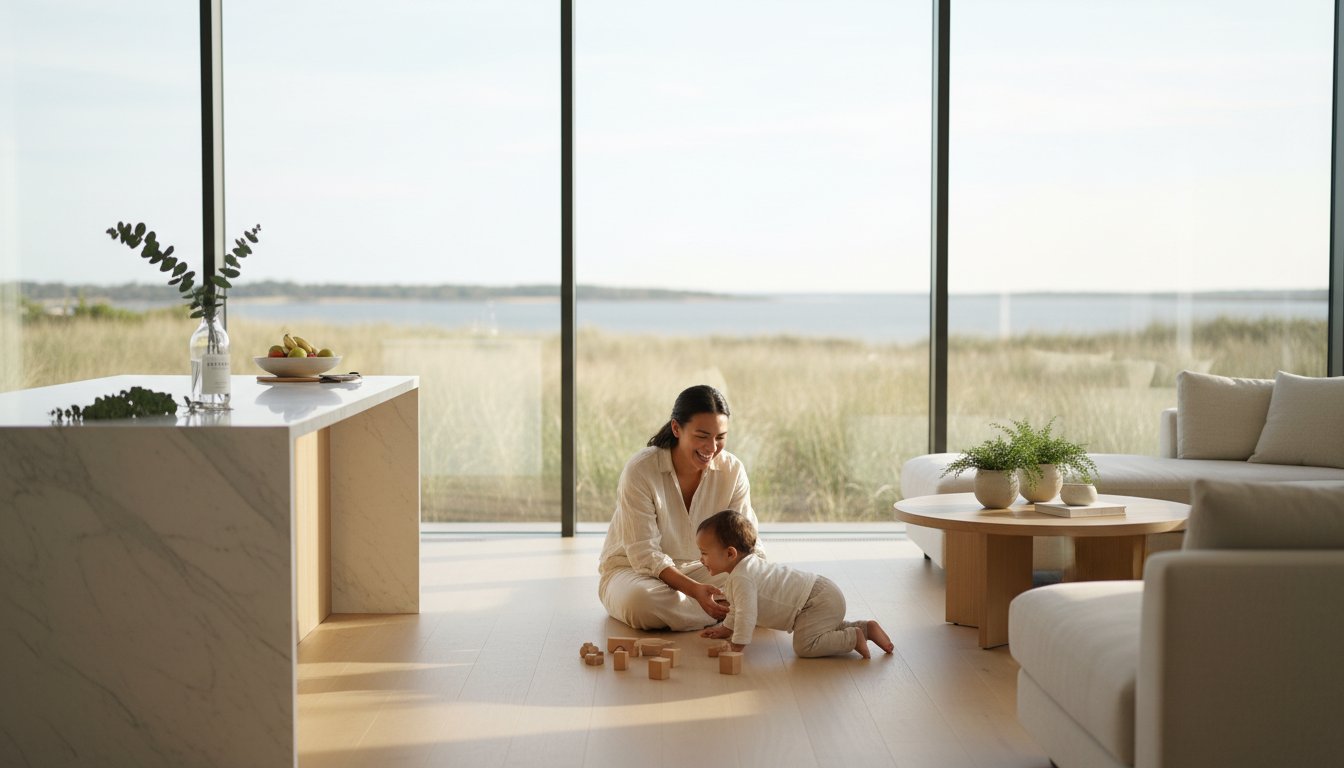 A woman and a toddler play with wooden blocks on the floor of a bright, modern living room with large windows overlooking grassy dunes and water—kept spotless thanks to top Cleaning Services Long Island, NY. Minimalist decor and natural light complete the scene.