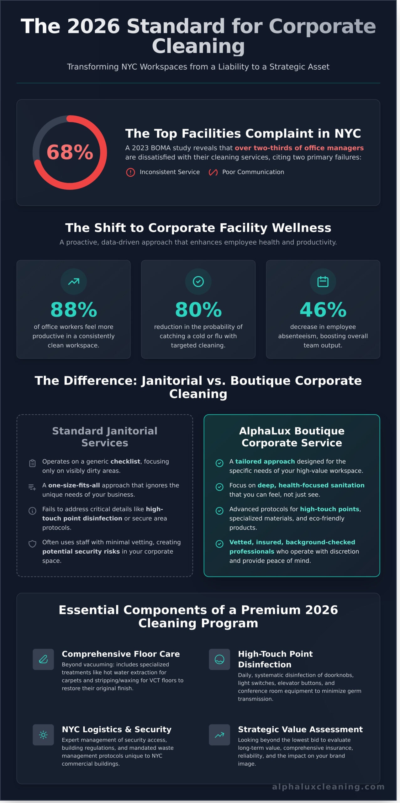 Infographic titled "The 2026 Standard for Corporate Cleaning" with statistics and comparisons between standard janitorial services and boutique cleaning, highlighting key features of premium programs offered by top Cleaning Services Long Island, NY.