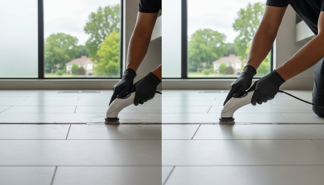 A person wearing black gloves uses a power scrubber to clean tile grout on a floor, shown in before and after shots with noticeable results. Large windows and greenery are visible outside, showcasing expert Cleaning Services Long Island offers.