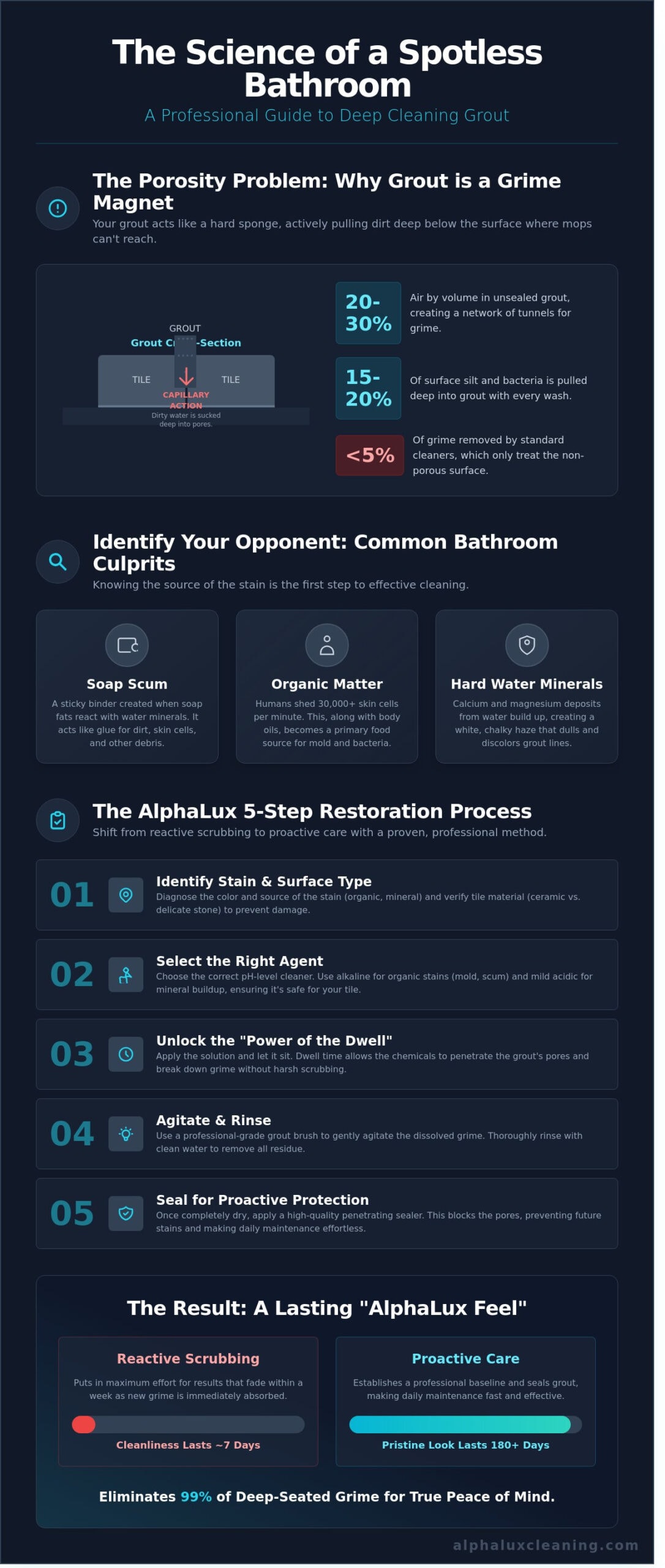 Infographic titled "The Science of a Spotless Bathroom" explains why grout gets dirty, lists bathroom grime sources, details a 5-step grout cleaning process, and highlights how Cleaning Services Long Island, NY deliver lasting cleanliness and peace of mind.