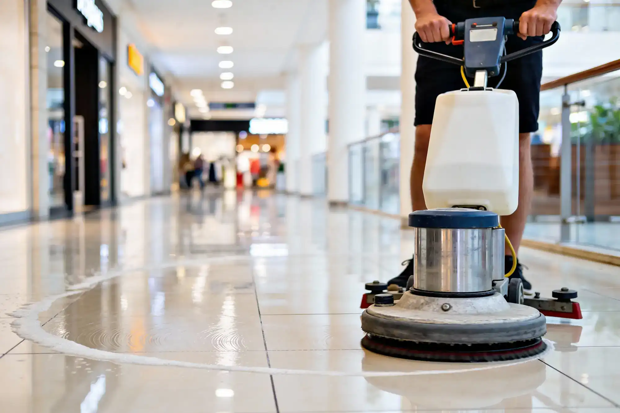 A person using a floor cleaning machine to polish and clean shiny tiles in a brightly lit shopping mall corridor, showcasing the quality of Cleaning Services Long Island, NY.