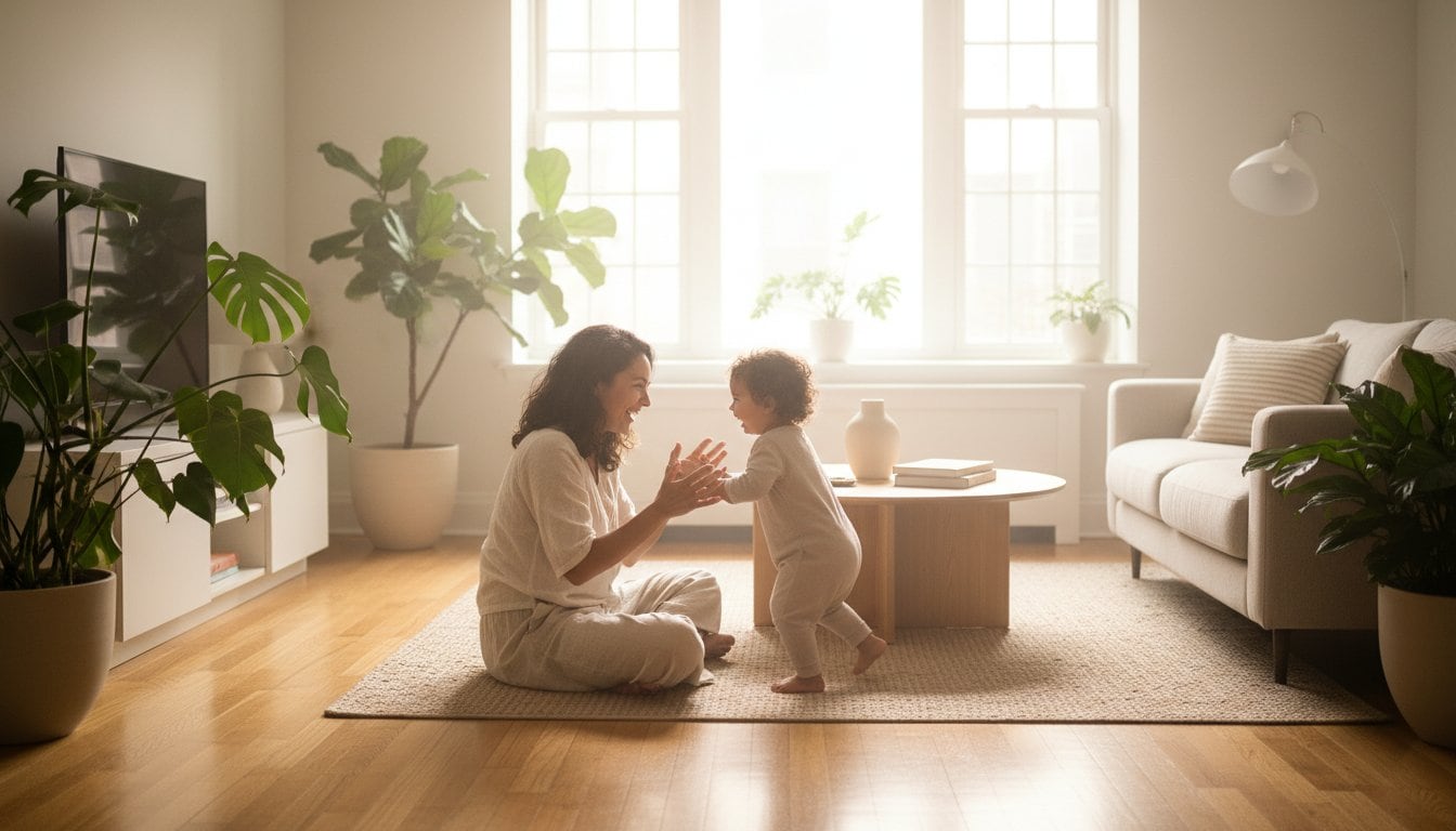 A woman sitting on a rug in a sunny, modern NY living room smiles and claps while playfully interacting with a toddler standing nearby. The room features large windows, green plants, and neutral-toned furniture—perfect after Cleaning Services Long Island has visited.