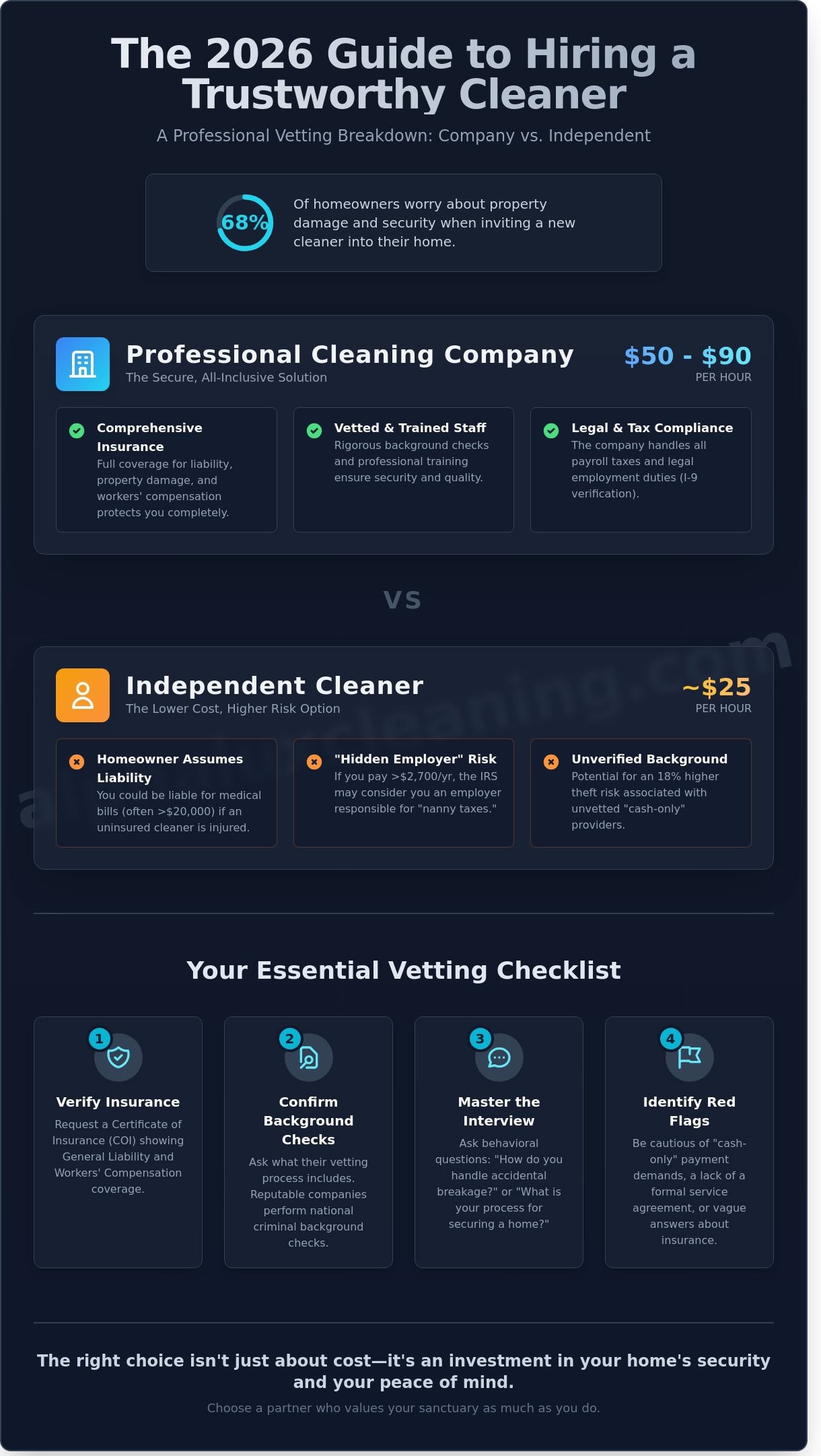 Infographic titled "The 2026 Guide to Hiring a Trustworthy Cleaner" compares Cleaning Services Long Island, NY with independent cleaners, highlighting costs, vetting, insurance, background checks, and a checklist for choosing the right cleaner.