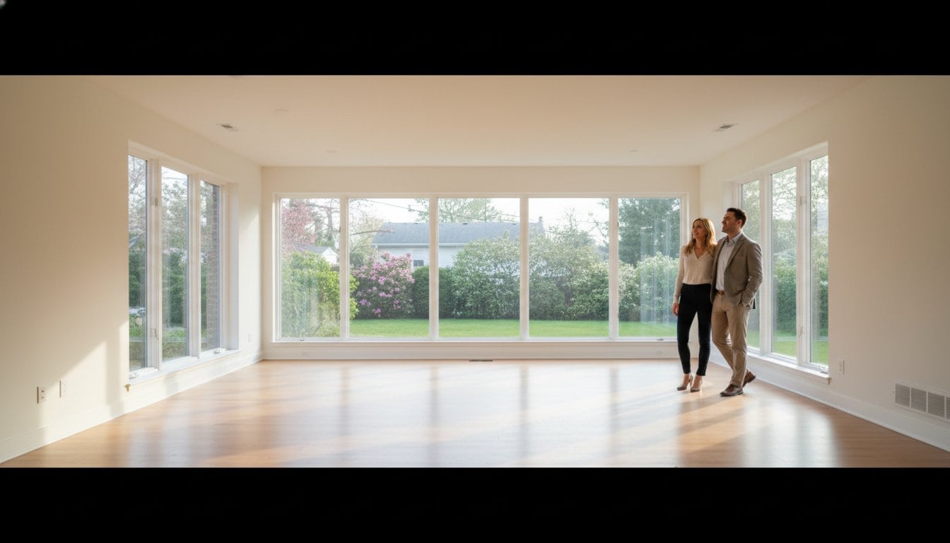 A couple stands together in a spacious, empty room with large windows letting in plenty of natural light and offering a view of a green, landscaped yard—perfect for those seeking Cleaning Services Long Island, NY.