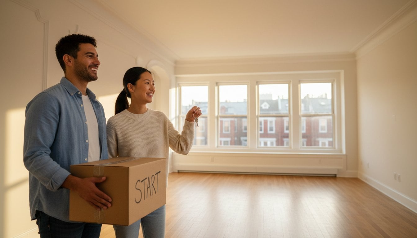 A smiling couple stands in a bright, empty NY room with large windows; the woman holds keys and the man carries a box labeled “START,” suggesting they’re moving into a new home with help from Cleaning Services Long Island.