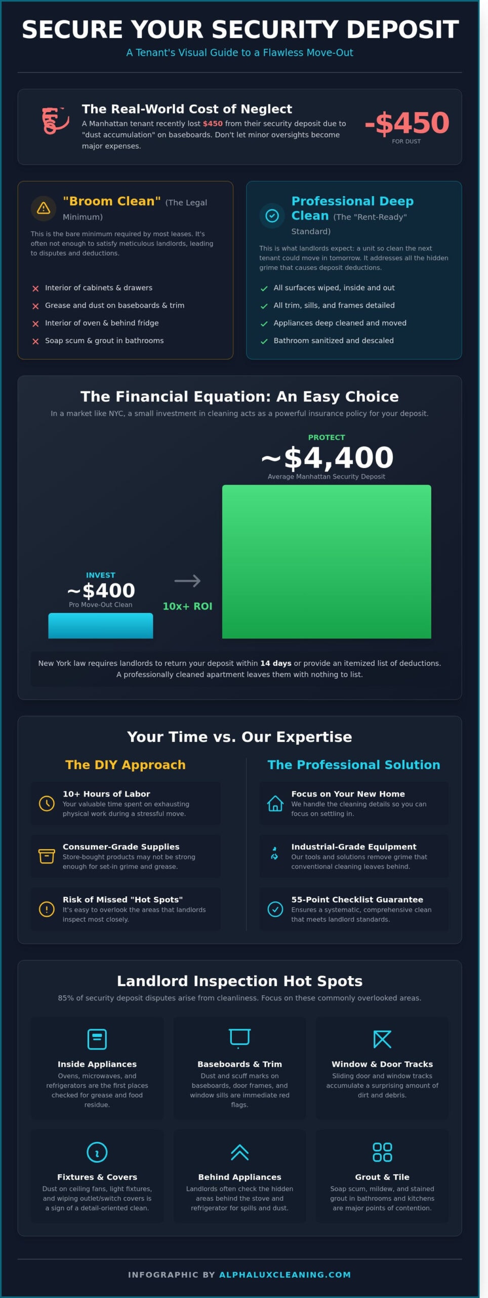 Infographic explaining the importance of proper move-out cleaning for tenants in Long Island, NY, including potential costs, return on investment, DIY vs. professional cleaning services, landlord inspection tips, and benefits of hiring Cleaning Services Long Island, NY experts.