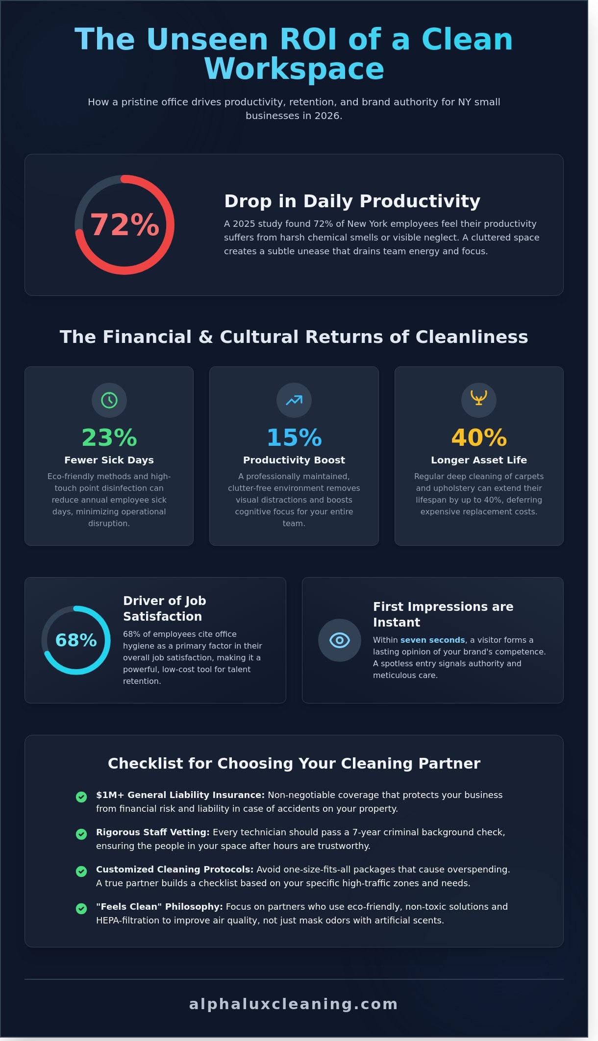 An infographic titled "The Unseen ROI of a Clean Workspace" highlights benefits, including stats from Cleaning Services Long Island, NY—72% productivity drop from daily dirtiness, fewer sick days, asset longevity, boosted productivity, and job satisfaction.
