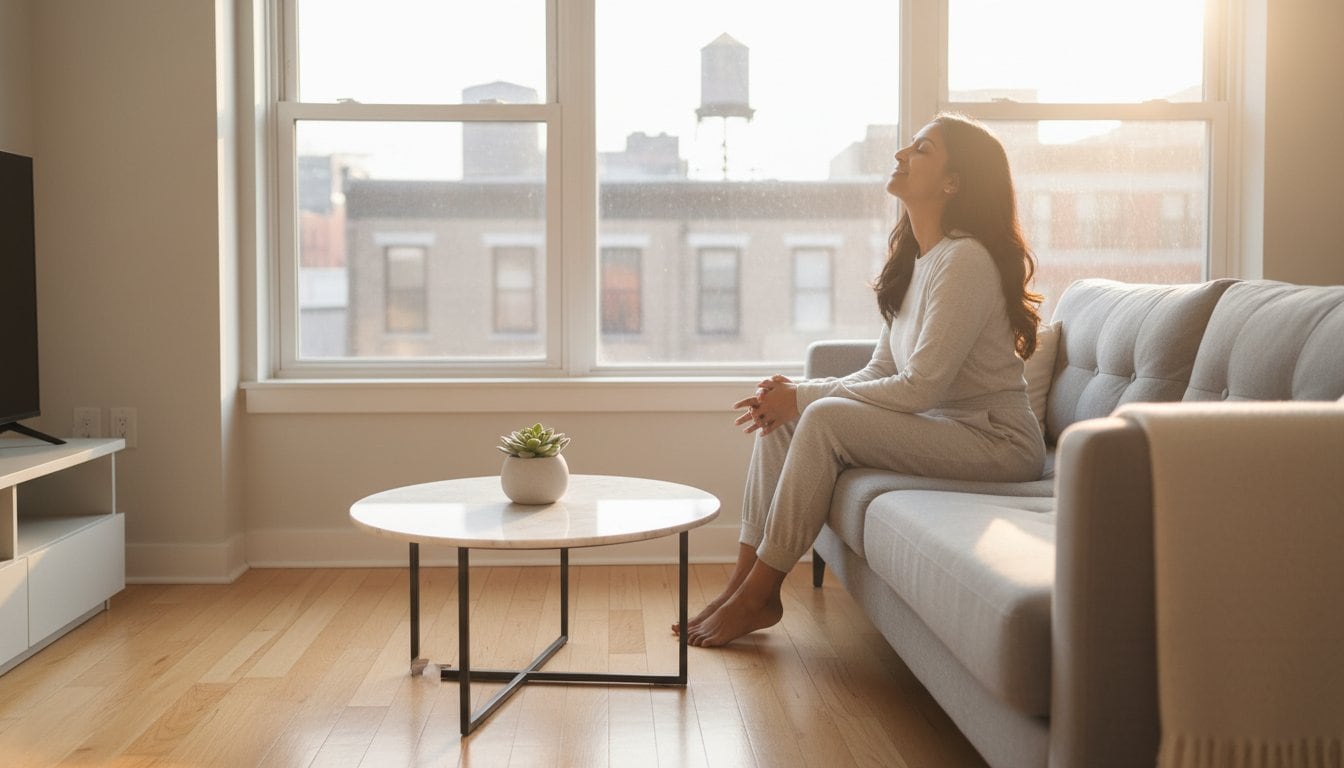 A woman sits barefoot on a light gray sofa in a bright NY living room, smiling as sunlight pours through large windows. The clean space, cared for by Cleaning Services Long Island, features a coffee table with a potted plant.