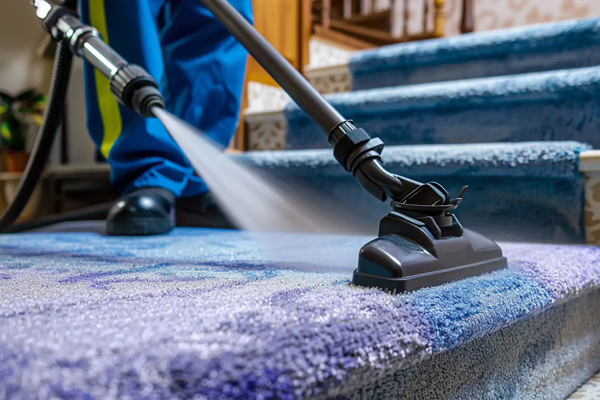A person in blue pants uses a steam cleaning machine to clean a carpeted staircase in NY, spraying water and suctioning dirt from the blue carpet—showcasing professional Cleaning Services Long Island can trust.