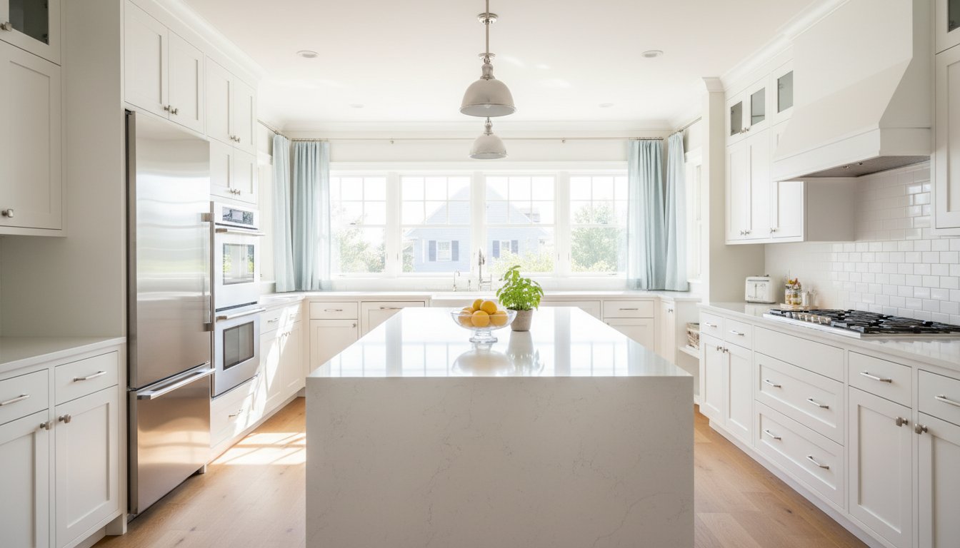 Bright, modern kitchen with white cabinets, stainless steel appliances, a large marble island topped with fruit and a plant, wooden floors, and a big window letting in natural light—perfect for NY Cleaning Services Long Island.