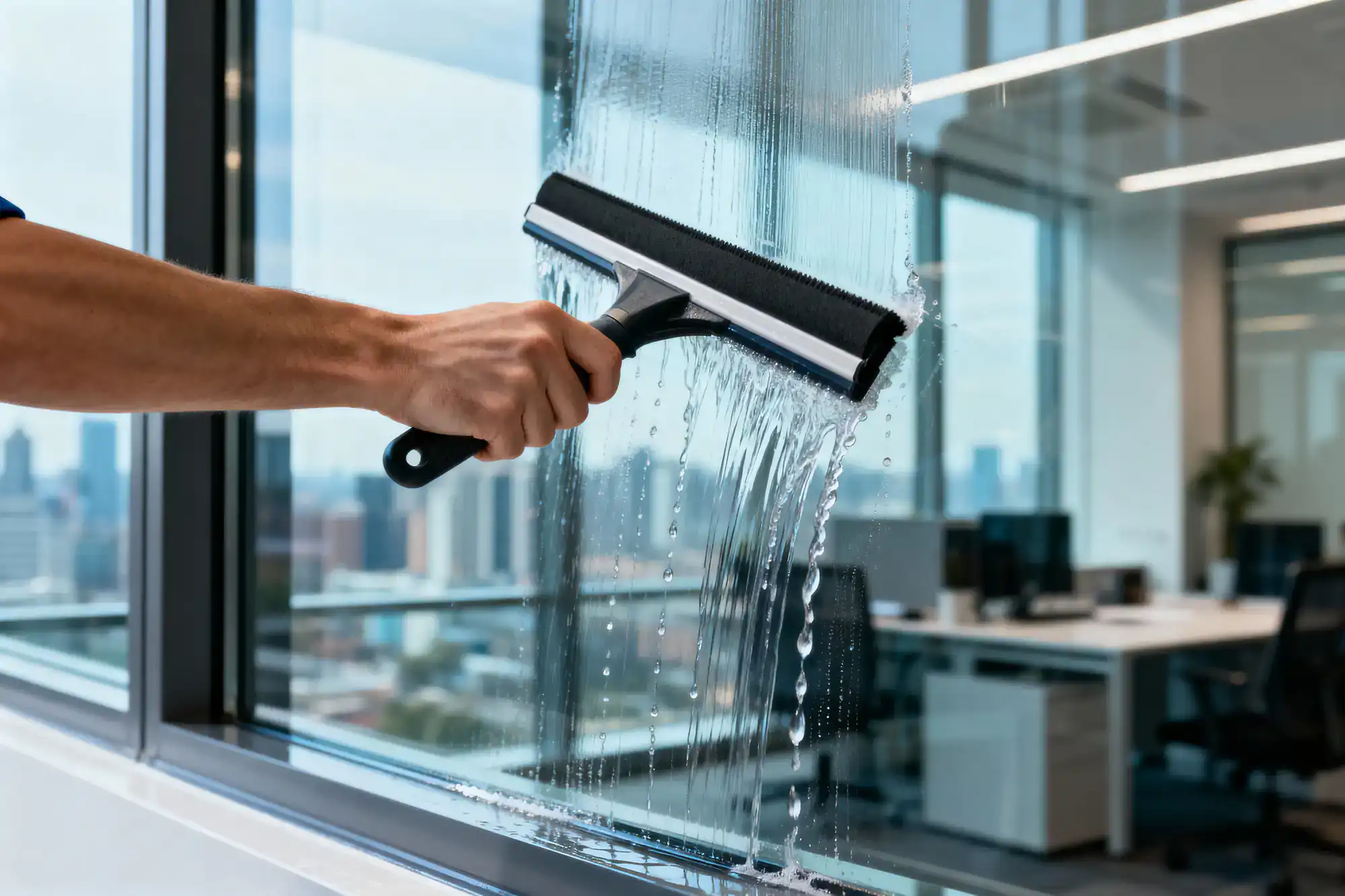 A person uses a squeegee to clean the outside of a large glass window, with water streaks visible. Inside the modern office, desks and chairs are seen&mdash;showcasing top-notch Cleaning Services Long Island, NY.
