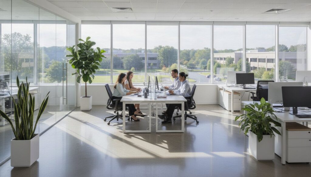 Four people work at desks in a bright office, following an office deep cleaning checklist for tidiness.