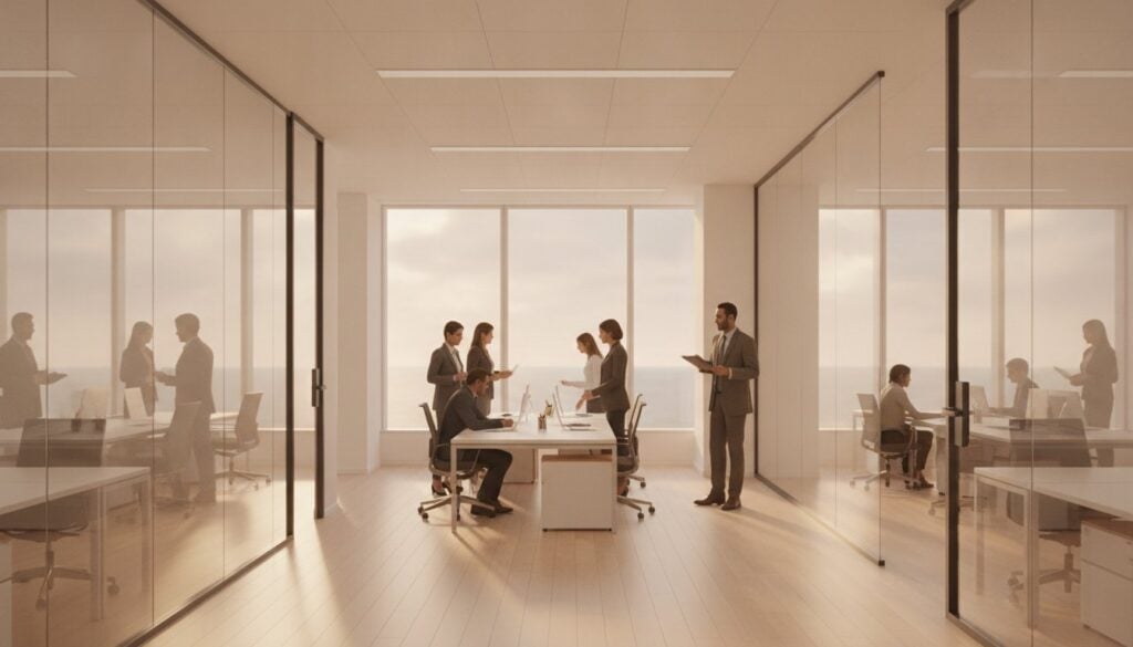 A modern office with glass walls and desks appears spotless after a professional cleaning session.