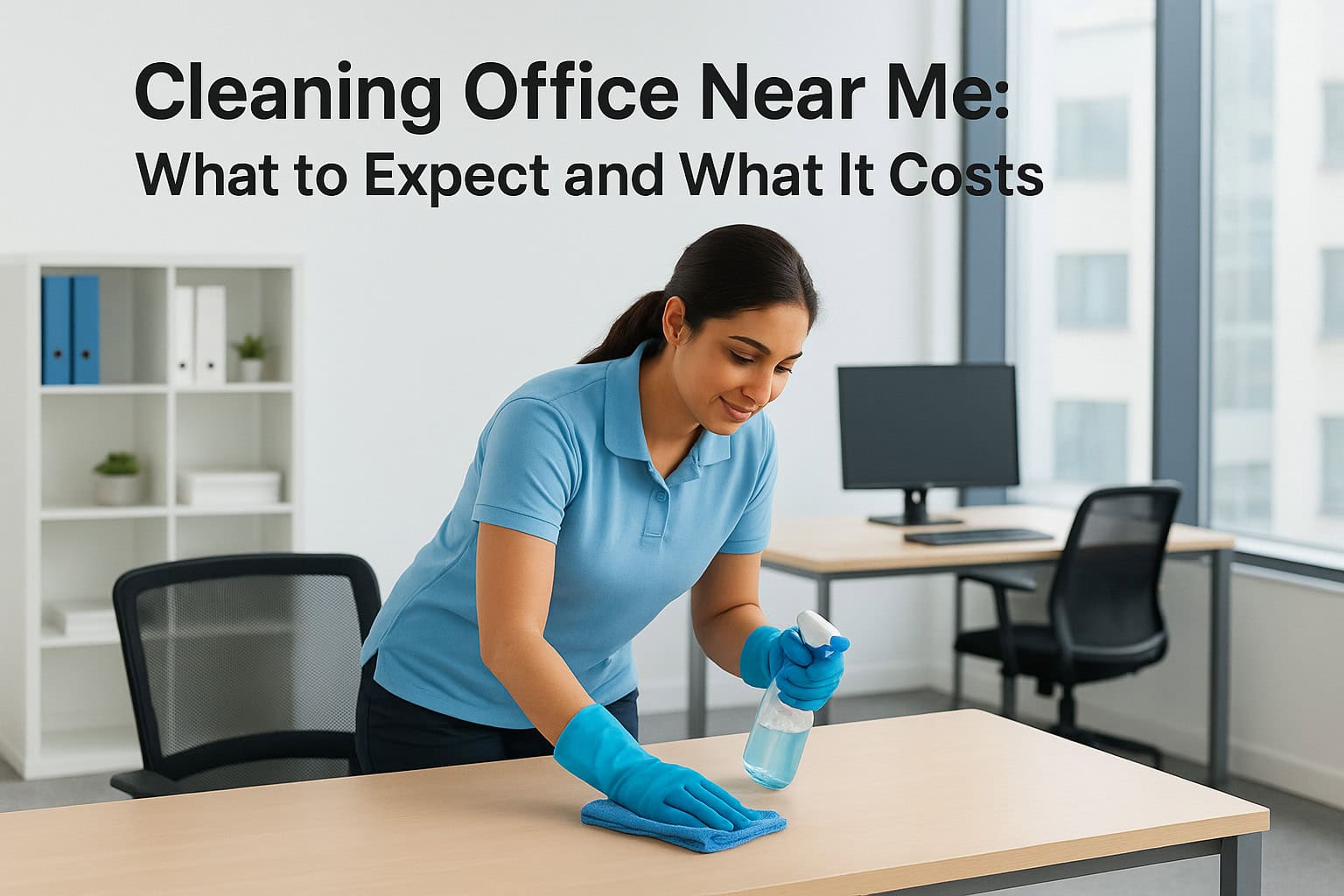A woman in blue gloves cleans an office desk with spray, showing office cleaning expectations and costs.