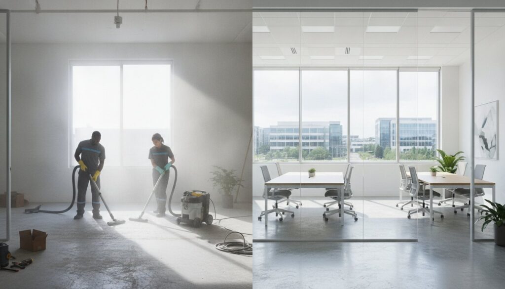 Two people vacuum a dusty office during commercial post-renovation cleaning, making it brighter.
