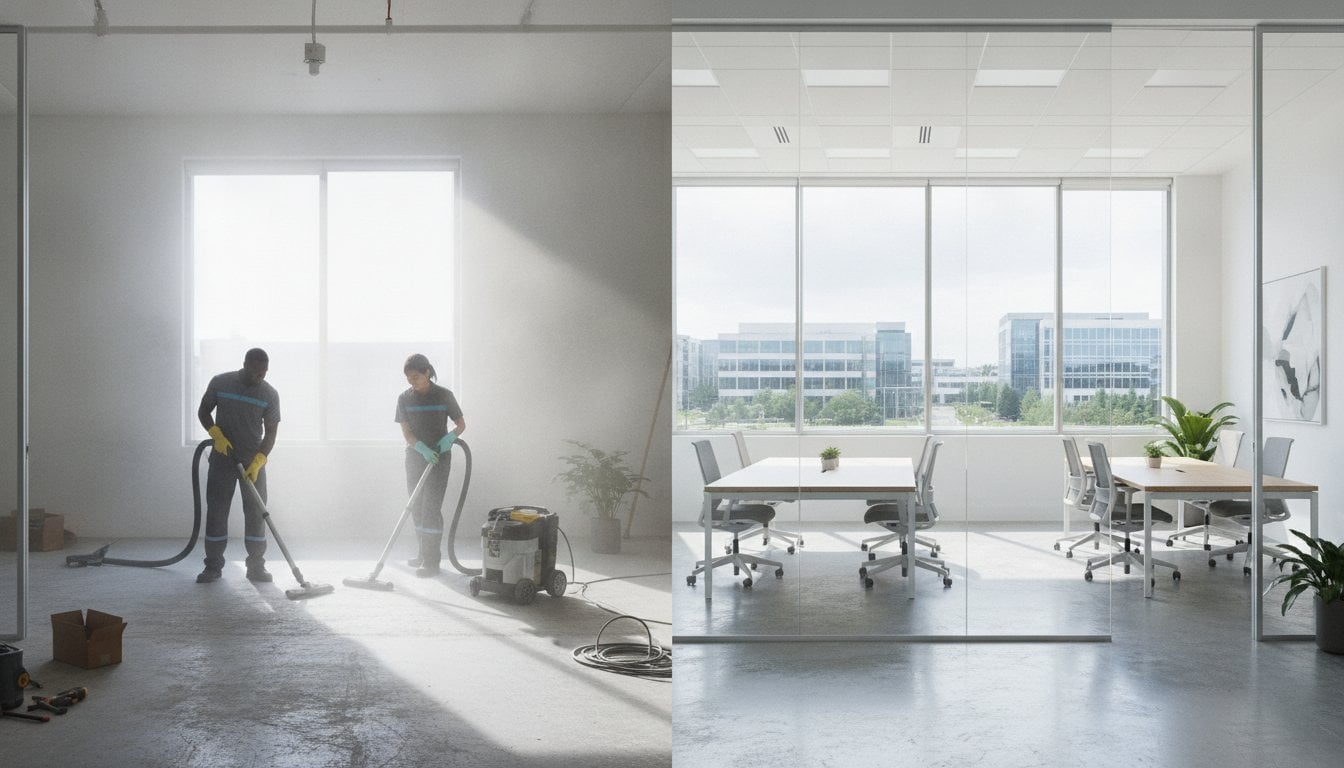Two people vacuum a dusty office during commercial post-renovation cleaning, making it brighter.