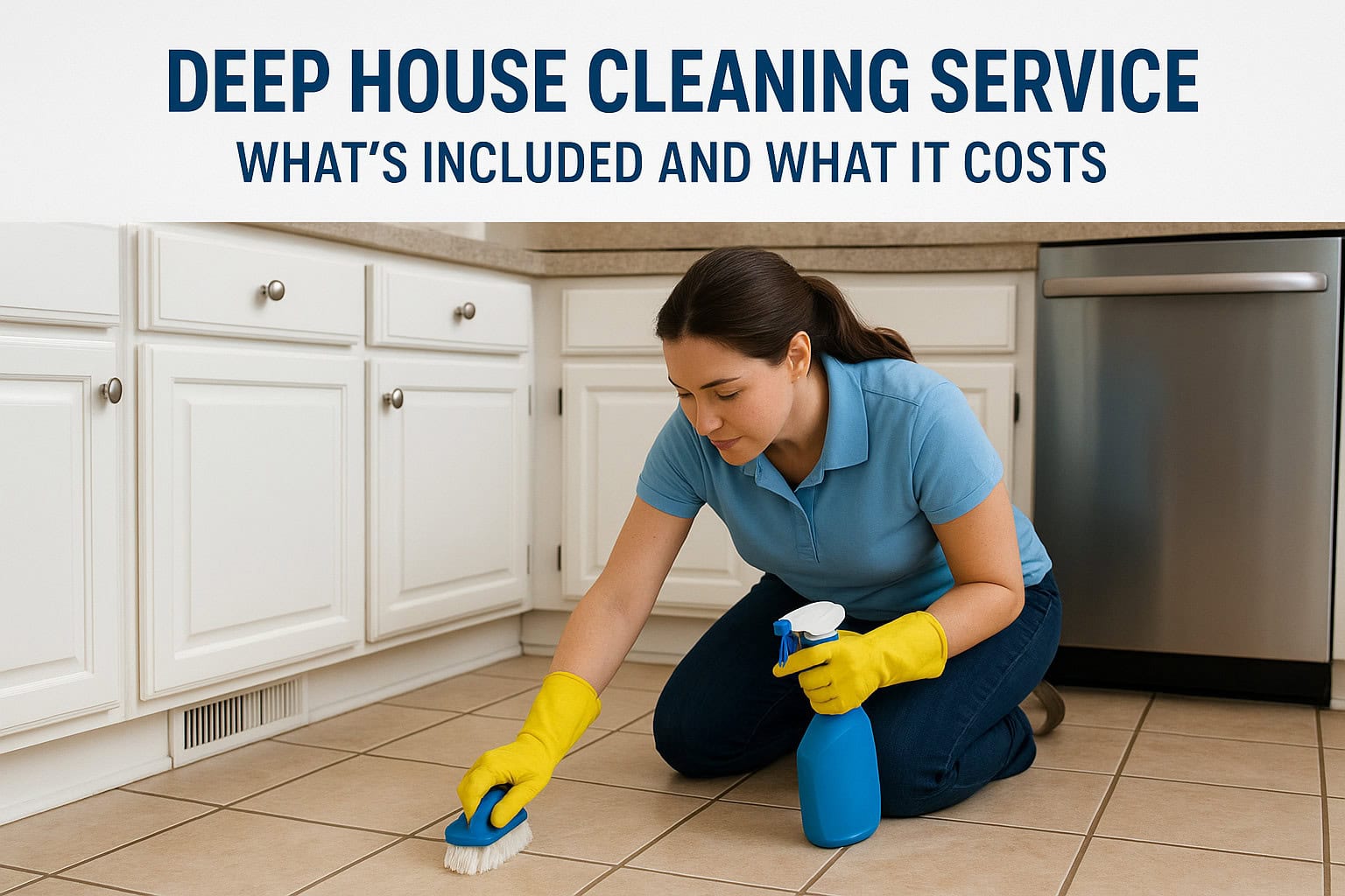 A woman wearing gloves scrubs kitchen floor tiles with a brush for deep house cleaning service.
