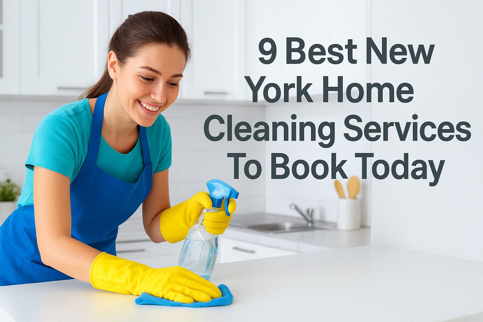 Professional cleaner wiping a kitchen counter in the bright New York apartment with organized supplies and a spotless finish.