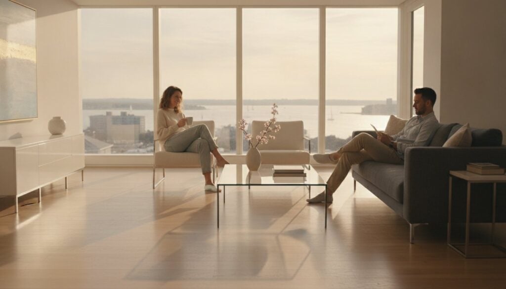 Two people sit separately in a bright, modern NYC living room ideal for apartment cleaning services.