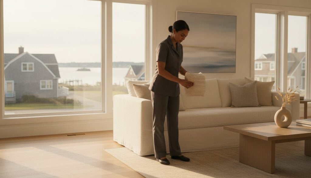 A woman folds a towel in a bright living room, showing the care of Airbnb cleaning services