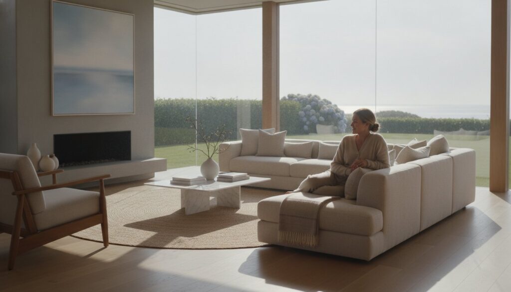 Woman on beige sofa reviews her home cleaning checklist in a bright living room with garden view.