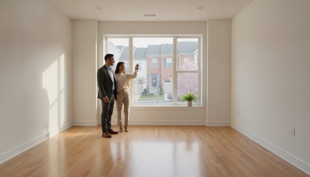 A couple smiles in a bright, empty NYC room after following a recommended move out cleaning checklist.